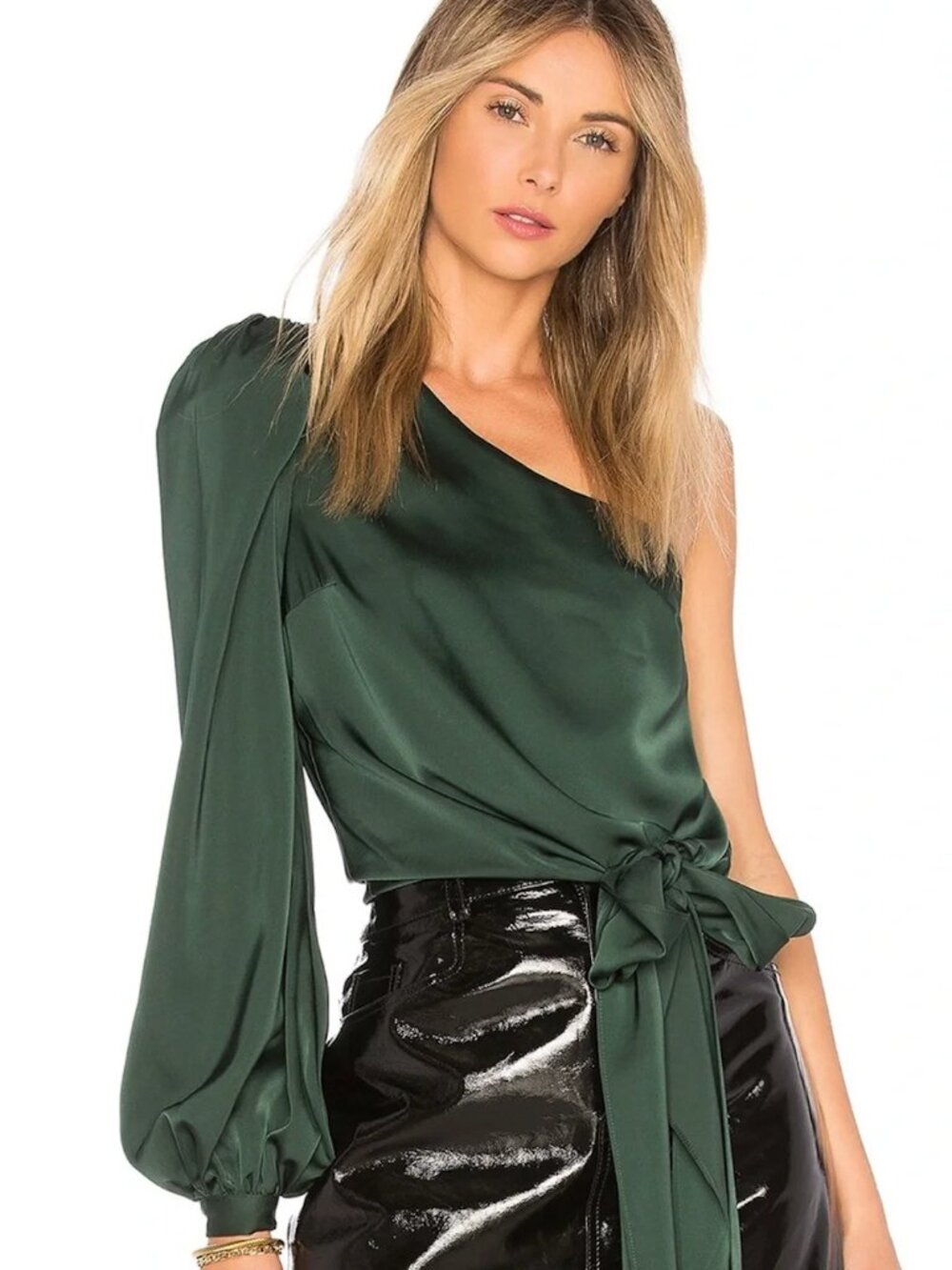 Lovers and Friends Kendell Blouse Emerald Green One-Shoulder Satin
